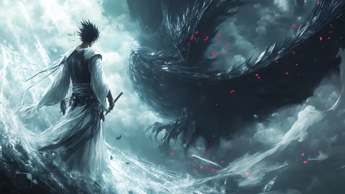 Stormbound swordsman facing colossal shadow dragon.