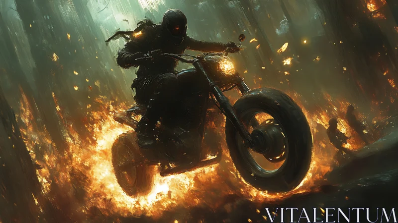 Armored biker rides burning forest trail through firestorm