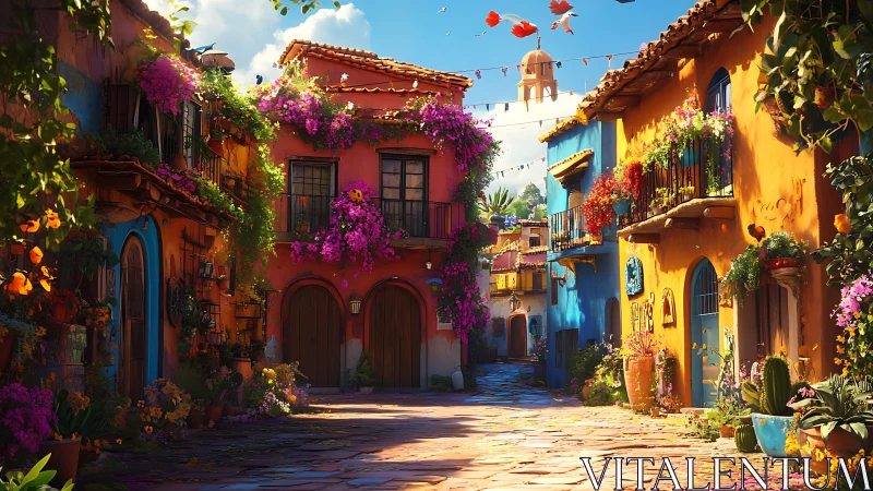 Vibrant Mediterranean alleyway with stucco facades and florals