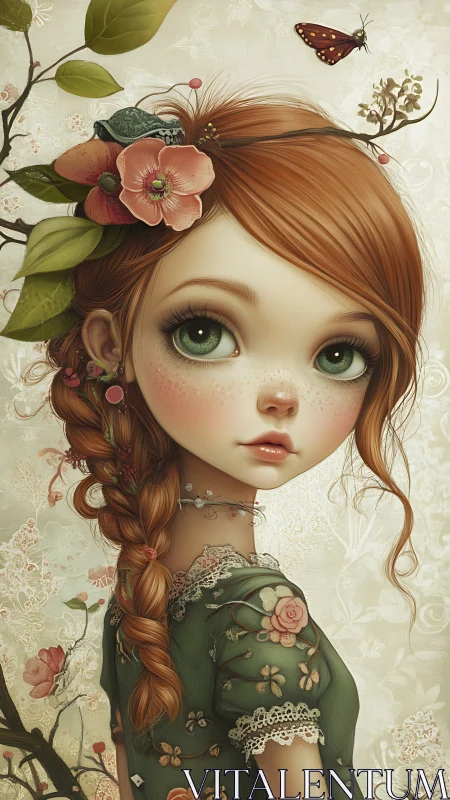 Red-haired girl portrait with botanical ornaments and butterfly.