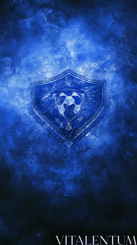 Blue soccer crest glows inside smoky abstract shield.