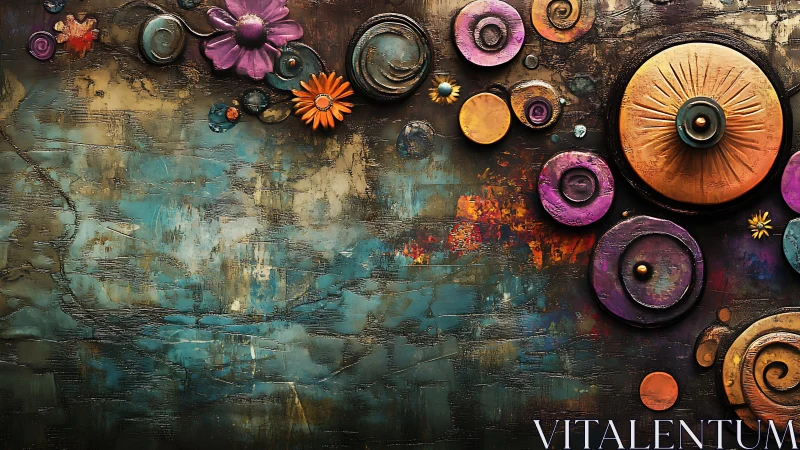 Textured floral circles on teal and rust abstract wall art.