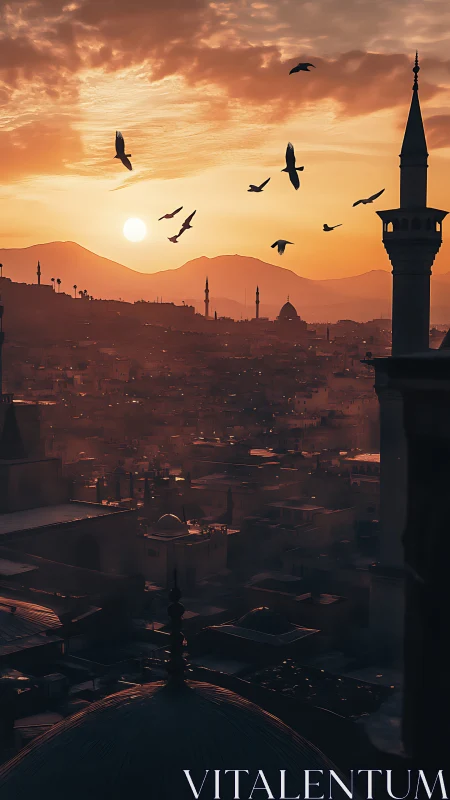 Golden sunset silhouettes minarets above a hazy cityscape.