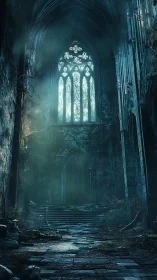 Gothic stone hall interior with tall stained glass window.