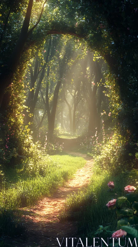 Forest path beneath tree canopy with dappled sunlight illumination