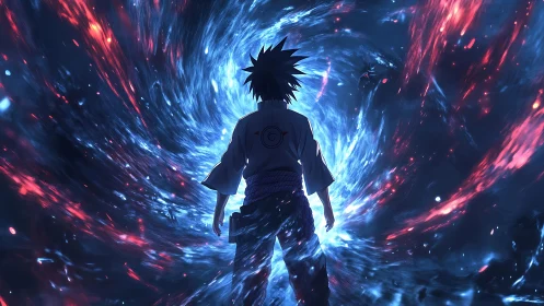 Lone anime warrior steps into a swirling cosmic portal