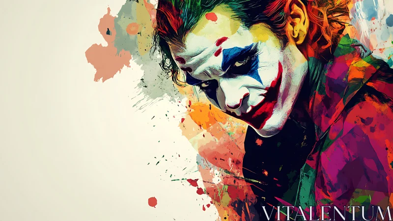 Paint-splashed trickster in chaotic carnival colors poised.