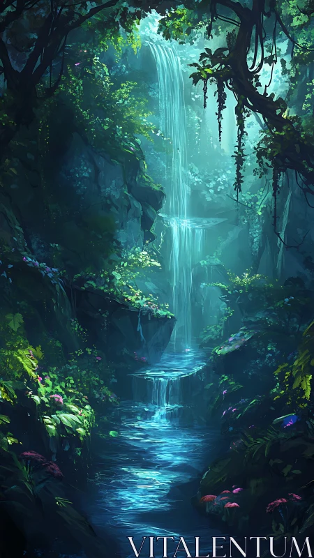 Luminous jungle waterfall cascading through enchanted ravine.