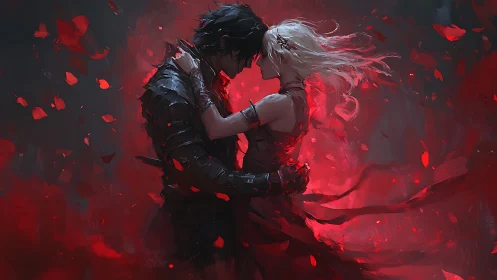 Dark Warrior Embraces White-Haired Woman in Crimson Firestorm.