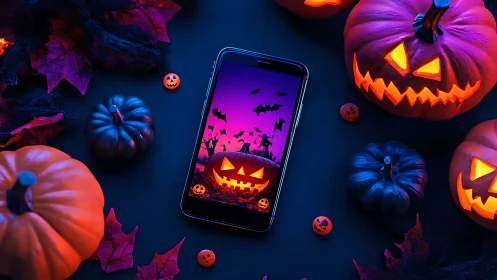 Halloween smartphone display amid neon jack-o-lantern glow.