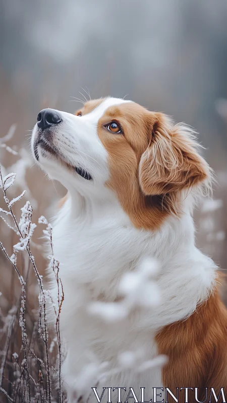Portrait of a tricolor dog in frosted meadow, photorealistic focus.