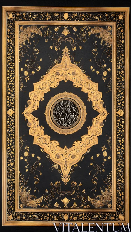 Ornate gold Islamic calligraphy panel on deep black field