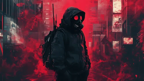 Masked wanderer stalks a neon red dystopian city street
