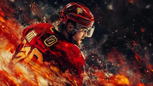 Fiery ice hockey hero skating through swirling embers.