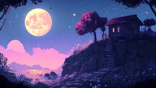 Lunar-illuminated cliffside cabin with atmospheric depth mapping.