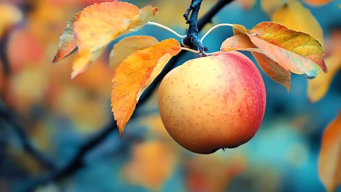 Ripe apple on branch with autumn foliage in soft focus.