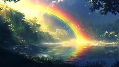 Luminous forest rainbow arching over reflective lake at dusk.