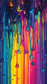 Vertical multicolor paint drips on dark contrasting ground.