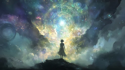 Silhouetted observer before concentric stellar vortex portal.