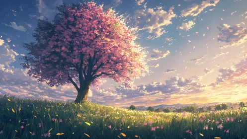 Solitary cherry tree beneath luminous painterly sunset sky.