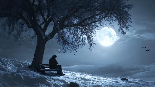 Moon-drenched loner beneath a frostbitten winter tree.