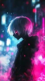 Hooded anime figure stands in neon pink and blue fog