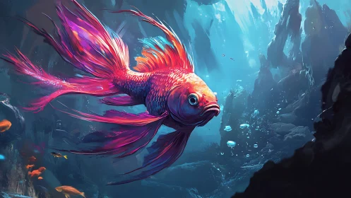 Vibrant betta fish glides through luminous ocean canyon.