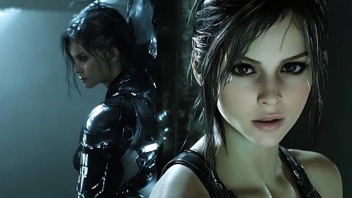 Futuristic cyber warrior holds a steely, rain-soaked resolve