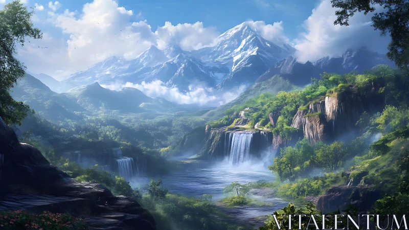 Mountain landscape with waterfalls, river basin, and forests.