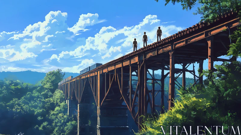 Four figures stand on a rusted railway bridge over forest