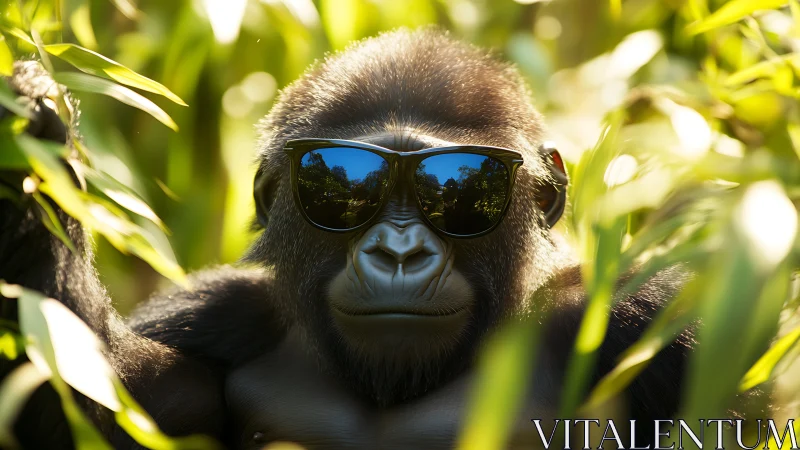 Gorilla wearing sunglasses relaxes amid dense sunlit jungle