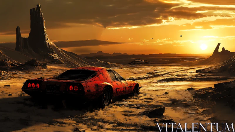 Rust red muscle car crossing molten desert at sunset.