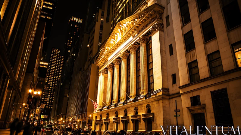 Illuminated neoclassical stock exchange facade at night.