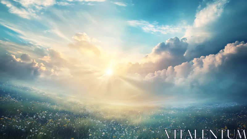 Sunlit meadow under stratocumulus and cirrus cloud layers.