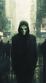 Hooded masked figure stands in dense urban crowd at night