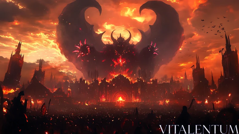 Infernal titan above burning citadel under apocalyptic sky.