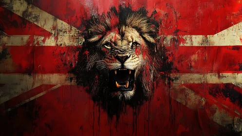 Roaring lion over distressed Union Jack flag backdrop.
