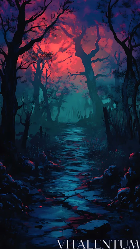 Forested pathway with twilight illumination and layered atmospheric conditions.