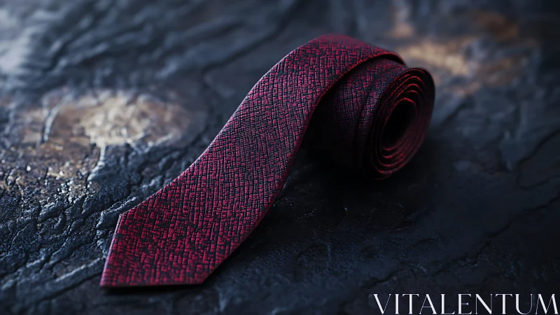 Elegant Burgundy Tie Resting on Textured Dark Stone Surface