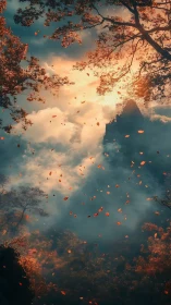 Golden autumn leaves drifting through a dreamy forest sky.