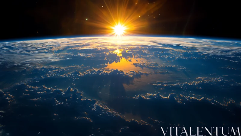 Orbital sunrise over Earth with radiant golden horizon.