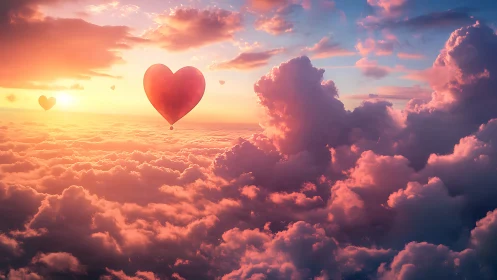 Heart-shaped balloon suspended above cloud layer at sunset
