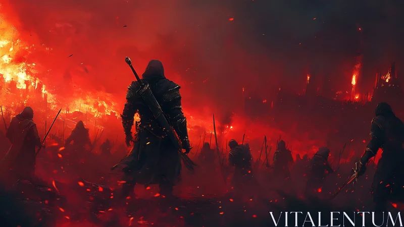 Hooded warriors advance toward a burning city in red smoke