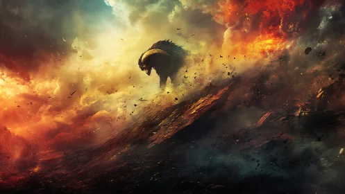 Titanic horned beast dominates erupting slope under turbulent sky