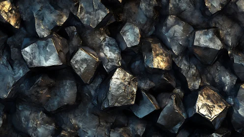 Midnight mineral chorus of faceted metallic stone slabs.