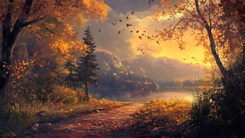 Autumn lakeside trail under golden hour backlit mountains