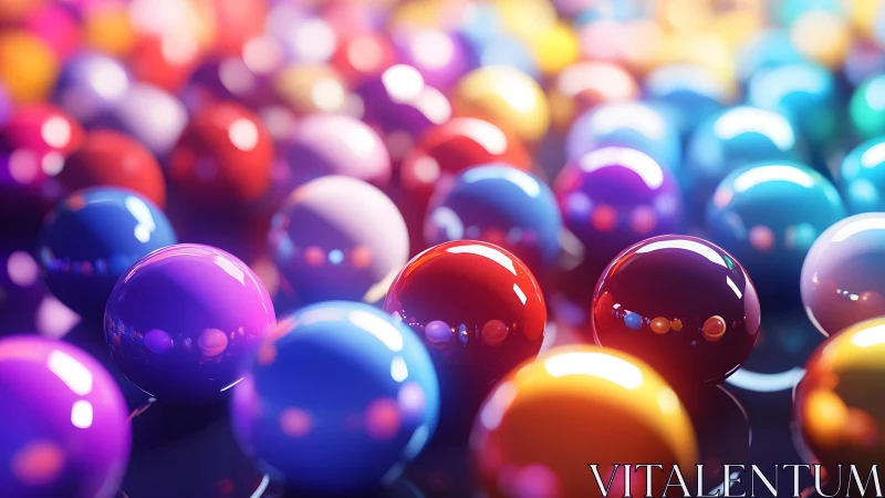 Luminous multicolor spheres reflect soft studio bokeh light.