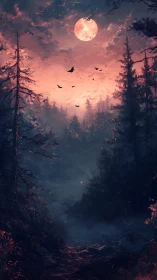 Crimson Moon Over Enchanted Forest.