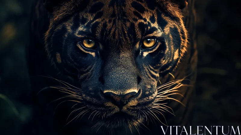 Predatory black panther portrait in dramatic low key lighting.