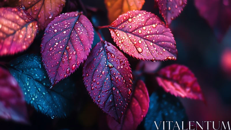 Colorful wet leaves in closeup macro composition.